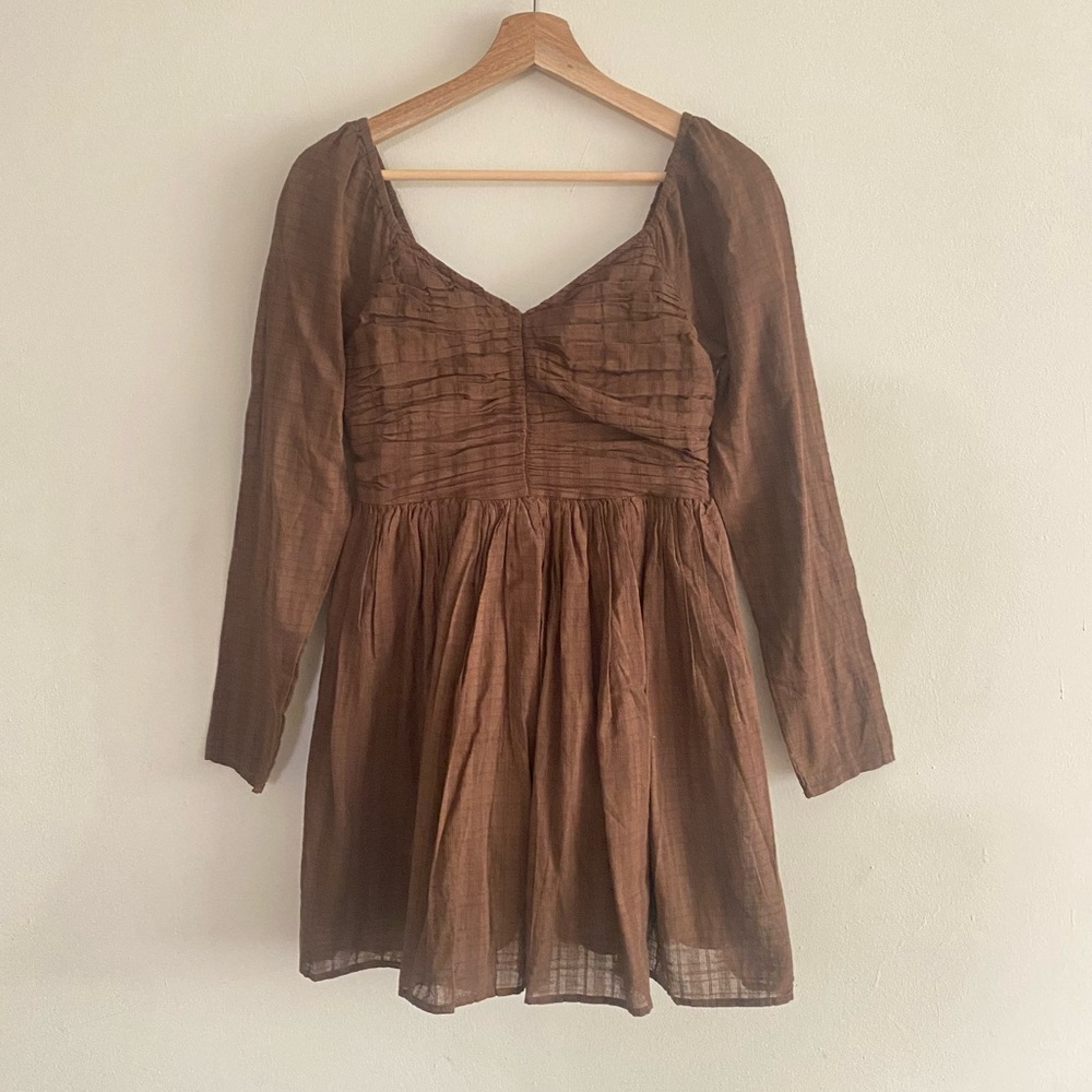 AE Ruched Long-Sleeve Mini Dress in Brown - S - Picture 6 of 16